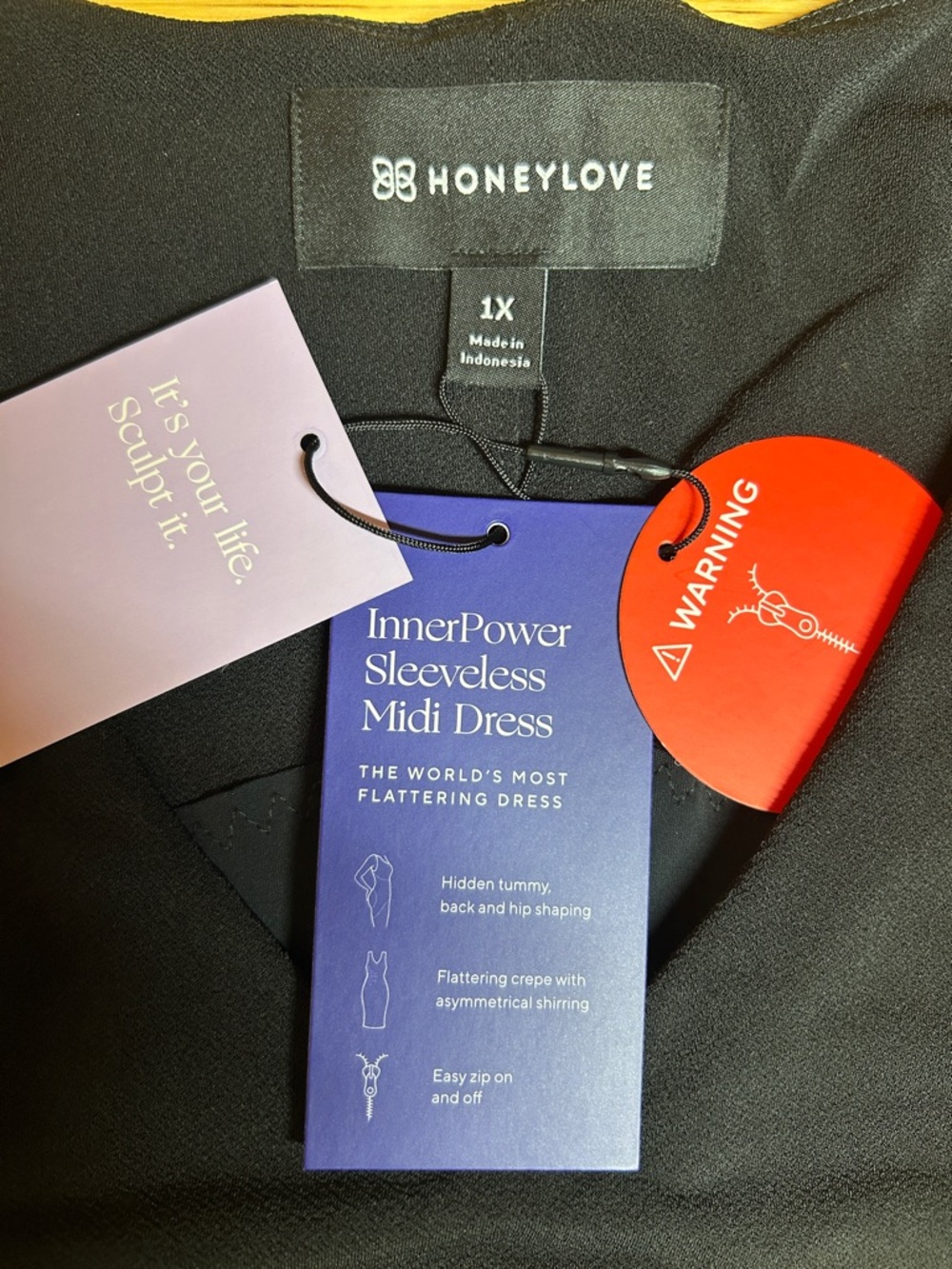 NWT HoneyLove Black Rushed Inner Power Midi Dress w/Hidden Shapewear | Size 1X - Picture 8 of 8